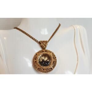 Gold Plated Sterling Black Spinel Shaker Pendant Statement Necklace Filigree